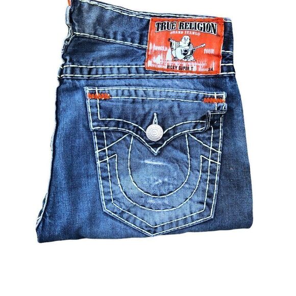 True Religion Jeans Size 38 RICKY SUPER T Blue Trashed Painter Denim - Picture 7 of 9